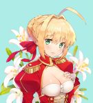  1girl ahoge ayami_(annahibi) blonde_hair blue_background breasts cleavage_cutout dress epaulettes fate/extra fate_(series) floral_background flower green_eyes hair_between_eyes hair_bun hair_intakes hand_on_own_chest lily_(flower) lips looking_at_viewer medium_breasts parted_lips red_dress saber_extra upper_body 