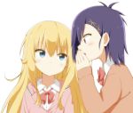  2girls blonde_hair blue_eyes blush bow bowtie cardigan cross_hair_ornament gabriel_dropout hair_ornament hood hoodie kuro_neko_(artist) long_hair multiple_girls purple_hair school_uniform tenma_gabriel_white tsukinose_vignette_april violet_eyes whispering white_background 