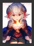  :o bangs blush brown_eyes capelet copyright_request cupping_hands fire fur_trim grey_border hair_between_eyes horn_ribbon horns open_mouth red_ribbon ribbon roll_okashi teeth white_hair 