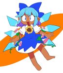  1girl bangs barefoot blue_bow blue_dress blue_eyes blue_hair bow cirno dress flower furukawa_(yomawari) hair_bow hair_ribbon hidden_star_in_four_seasons highres ice ice_wings open_mouth outstretched_arms plant puffy_short_sleeves puffy_sleeves ribbon short_hair short_sleeves sidelocks solo sunflower tan touhou vines wings 