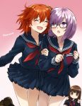  3girls ^_^ ^o^ arm_hug blush bow brown_hair closed_eyes double_v fate/extra fate/extra_ccc fate/grand_order fate_(series) fujimaru_ritsuka_(female) glasses hair_ornament hair_scrunchie kishinami_hakuno_(female) long_hair multiple_girls open_mouth orange_hair ponytail purple_hair school_uniform scrunchie serafuku shielder_(fate/grand_order) short_hair short_ponytail side_ponytail somechime_(sometime1209) v 