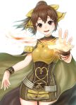  1girl bare_shoulders bow bracelet breastplate brown_eyes brown_hair cape dyute_(fire_emblem) fang fire fire_emblem fire_emblem_echoes:_mou_hitori_no_eiyuuou jewelry long_hair open_mouth ponytail simple_background solo soyo2106 upper_body white_background 