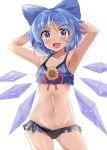  &gt;:d 1girl :d armpits arms_behind_head arms_up bangs bikini black_ribbon blue_bikini blue_bow blue_eyes blue_hair blush bow cirno collarbone commentary_request contrapposto cowboy_shot dark_skin detached_wings e.o. eyebrows_visible_through_hair flat_chest flower frilled_bikini frills hair_bow hidden_star_in_four_seasons highres ice ice_wings navel open_mouth red_ribbon ribbon shiny shiny_hair shiny_skin short_hair simple_background smile solo standing stomach sunflower swimsuit tan tareme touhou white_background wings 