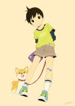  1boy arms_behind_back artist_name bandaid bandaid_on_knee black_eyes black_hair clothes_writing collar dog dutch_angle head_tilt leash legs light_frown looking_at_viewer male_focus noeyebrow_(mauve) original paw_print shiba_inu shoes shorts simple_background socks solo standing 