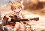  1girl animal_ears bare_shoulders blonde_hair blurry cat_ears chestnut_mouth clouds depth_of_field desert elbow_gloves evening eyebrows_visible_through_hair fang gloves guitar hair_between_eyes instrument kemono_friends ks looking_at_viewer looking_to_the_side mewhan multicolored_hair music open_mouth outdoors playing_guitar playing_instrument sand_cat_(kemono_friends) shirt short_hair sitting solo streaked_hair tail white_shirt yellow_eyes 