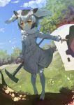  1girl blue_sky building clouds coat day flower full_body fur_collar glowing glowing_eyes grass hammer head_wings highres ishikkoro kemono_friends kyoubu looking_at_viewer northern_white-faced_owl_(kemono_friends) outdoors pantyhose short_hair sky solo tree white_hair white_legwear yellow_eyes 