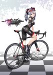  1girl :d ass bicycle bike_jersey black_gloves blush breasts drill_hair fingerless_gloves gloves ground_vehicle high_heels highres hitomi_kazuya idolmaster idolmaster_cinderella_girls kanzaki_ranko looking_at_viewer medium_breasts open_mouth red_eyes silver_hair smile solo sunglasses sunglasses_on_head twin_drills twintails 