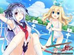  2girls bare_shoulders blonde_hair blue_eyes blush bow bra breasts fairy_fencer_f flat_chest frills hairband lolita_hairband long_hair looking_at_viewer medium_breasts multiple_girls official_art open_mouth panties pink_bra pink_panties pool red_eyes ribbon rolo_(fairy_fencer_f) sitting smile standing tiara_(fairy_fencer_f) tsunako underwear wet wet_clothes white_hair 