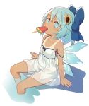  1girl blue_bow blue_eyes blue_hair bow cirno dress flower food hair_bow hair_flower hair_ornament hidden_star_in_four_seasons looking_at_viewer minamura_haruki one-piece_tan popsicle see-through sitting soaking_feet solo strap_slip sunflower tan tanline touhou watermelon_bar 