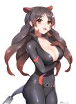  1girl :d black_pants black_shirt blush breast_suppress breasts brown_hair cleavage collarbone eyebrows_visible_through_hair from_side gradient_hair head_tilt hippopotamus_(kemono_friends) hippopotamus_ears kemono_friends kz_ripo large_breasts long_hair looking_away multicolored_hair open_clothes open_mouth open_shirt pants shirt simple_background smile solo twitter_username wet wet_hair white_background 