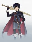  blue_eyes blue_hair cape falchion_(fire_emblem) fire_emblem fire_emblem:_kakusei fire_emblem:_mystery_of_the_emblem gloves guilhermerm highres looking_at_viewer male_focus marth solo sword tiara weapon 