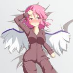  1girl :o blush breasts cato_(monocatienus) commentary curvy fever hips large_breasts lying messy_hair mystia_lorelei pajamas pink_eyes pink_hair short_hair sick solo sweat touhou wavy_hair wings 