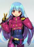  1girl belt blue_hair blush breasts gloves kula_diamond long_hair looking_at_viewer medium_breasts open_mouth red_eyes shunin simple_background smile solo the_king_of_fighters 