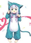  &gt;:d 1girl :d animal_costume bangs barefoot beamed_quavers blue_eyes blue_hair blush bow cat_costume crotchet eromanga_sensei eyebrows_visible_through_hair fangs full_body grey_hair hair_bow hands_up heart heart_of_string highres holding izumi_sagiri kinatsu_ship long_hair looking_at_viewer musical_note open_mouth pigeon-toed purple_bow quaver simple_background smile solo standing stylus tareme white_background 