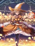  1girl absurdres black_legwear book brown_eyes brown_hair grimoire h2o_(dfo) hat hat_belt highres holding holding_staff looking_at_viewer magic_circle magical_girl orange_hat original potion solo staff standing test_tube witch witch_hat 