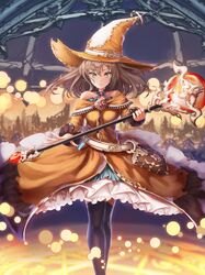  1girl absurdres black_legwear book brown_eyes brown_hair grimoire h2o_(dfo) hat hat_belt highres holding holding_staff looking_at_viewer magic_circle magical_girl orange_hat original potion solo staff standing test_tube witch witch_hat 