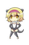  1girl alice_margatroid blonde_hair colonel_aki cosplay hairband hands_on_hips kemono_friends one-piece_swimsuit short_hair small-clawed_otter_(kemono_friends) small-clawed_otter_(kemono_friends)_(cosplay) smile solo swimsuit tail thigh-highs touhou white_background yellow_eyes 
