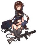  &gt;:t 1girl :t arm_support assault_rifle black_gloves breasts brown_hair cleavage covering covering_chest cropped garter_straps girls_frontline gloves gluteal_fold grey_legwear gun hair_ribbon hairband half_gloves leotard long_sleeves mechanical_arm navel nightmaremk2 off_shoulder one_side_up orange_eyes pouch ribbon rifle short_hair_with_long_locks sitting small_breasts solo thigh-highs thigh_gap torn_clothes torn_thighhighs transparent_background turtleneck type_79_(girls_frontline) wariza weapon 
