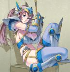  1girl against_wall armor armpit_peek bikini_armor blue_eyes blue_legwear breasts cleavage from_side gauntlets greaves helmet highres holding holding_sword holding_weapon knight large_breasts long_hair looking_at_viewer looking_to_the_side masao original parted_lips pauldrons purple_hair sitting solo sword thigh-highs twintails weapon winged_helmet 
