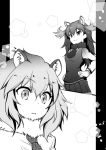  2girls animal_ears antlers comic gunp hair_between_eyes hand_on_hip kemono_friends lion_(kemono_friends) lion_ears long_hair long_sleeves monochrome moose_(kemono_friends) moose_ears multiple_girls pleated_skirt short_hair skirt 