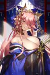  1girl animal_ears bare_shoulders breasts brown_eyes cleavage fate/extra fate_(series) fox_ears hair_ornament hamada_pochiwo highres japanese_clothes kimono large_breasts long_hair looking_at_viewer off_shoulder pink_hair smile solo tamamo_(fate)_(all) tamamo_no_mae_(fate) very_long_hair 