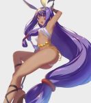  1girl arm_up armpits bangs breasts dark_skin earrings egyptian egyptian_clothes fate/grand_order fate_(series) from_side grey_background hairband holding hoop_earrings jewelry knee_up long_hair looking_at_viewer low-tied_long_hair nitocris_(fate/grand_order) open_mouth purple_hair revealing_clothes simple_background small_breasts solo suisen thighs under_boob very_long_hair violet_eyes 