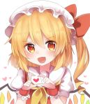  &gt;:d 1girl :d blonde_hair blush bow coda_(ankoprpr3700) crystal fang flandre_scarlet hair_between_eyes hat hat_bow heart looking_at_viewer mob_cap neckerchief open_mouth orange_eyes puffy_short_sleeves puffy_sleeves red_bow red_vest shirt short_sleeves side_ponytail smile solo touhou upper_body vest white_shirt wings wrist_cuffs 