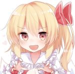  &gt;:d 1girl :d blonde_hair blush bow brown_eyes coda_(ankoprpr3700) fangs flandre_scarlet frilled_shirt_collar frills groping_motion hair_bow looking_at_viewer no_hat no_headwear open_mouth pointy_ears red_bow side_ponytail smile solo touhou upper_body 