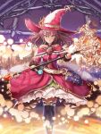  1girl absurdres black_legwear book brown_eyes dress flask grimoire h2o_(dfo) hat hat_belt highres holding holding_staff looking_at_viewer magic_circle magical_girl original pink_hat pink_skirt potion skirt solo staff standing witch witch_hat 