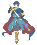  1boy blue_eyes blue_hair cape falchion_(fire_emblem) fingerless_gloves fire_emblem fire_emblem:_mystery_of_the_emblem full_body gloves looking_at_viewer male_focus marth saiba_(henrietta) short_hair smile solo super_smash_bros. sword tiara weapon white_background 