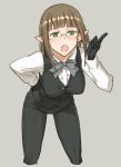  1girl :o black_gloves breasts brown_hair commentary_request cowboy_shot cropped_legs dungeon_ni_deai_wo_motomeru_no_wa_machigatteiru_darou_ka eina_tulle elf formal glasses gloves green_eyes grey_background large_breasts leaning_forward pant_suit pants pointing pointy_ears shoe-ji short_hair solo suit vest 