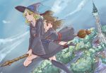  2girls broom broom_riding diana_cavendish flying hat highres junktinr kagari_atsuko little_witch_academia magic multiple_girls tower witch witch_hat 