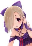  1girl adjusting_hair bags_under_eyes blonde_hair blush bow brown_eyes ear_piercing hair_bow hair_over_one_eye idolmaster idolmaster_cinderella_girls idolmaster_cinderella_girls_starlight_stage jewelry looking_at_viewer necklace piercing shirasaka_koume shirona002 short_hair sketch skull solo white_background 