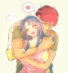  1boy 1girl ^_^ ^o^ apron blue_hair blush breasts brown_hair chidori_kaname closed_eyes couple cross_scar full_metal_panic! futomashi hand_on_another&#039;s_shoulder head_tilt heart hetero hug hug_from_behind long_hair open_mouth sagara_sousuke shirt short_hair simple_background smile spoken_heart upper_body white_background 