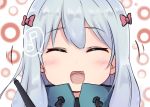  1girl :d ^_^ absurdres bangs blush close-up closed_eyes dyson_(edaokunnsaikouya) eromanga_sensei eyebrows_visible_through_hair face facing_viewer fang happy highres izumi_sagiri jacket long_hair musical_note open_mouth portrait quaver silver_hair smile solo spoken_musical_note stylus upper_body 