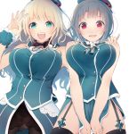  2girls adapted_costume aqua_eyes arm_up atago_(kantai_collection) beret black_hair black_legwear blonde_hair blue_dress blue_hat breasts buttons covering covering_crotch dress embarrassed fur_collar garter_straps hand_on_another&#039;s_shoulder hat highres kantai_collection large_breasts long_hair looking_at_viewer multiple_girls neckerchief panties panties_under_pantyhose pantyhose red_eyes short_hair simple_background takao_(kantai_collection) tebi_(tbd11) thigh-highs underbust underwear waving white_background white_neckerchief white_panties wrist_cuffs 