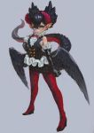  1girl black_gloves black_hair black_wings bow closed_mouth dragon_horns dragon_tail eyelashes flat_chest full_body gloves green_eyes hair_between_eyes hand_on_hip highres horns jon_taira monster_girl pantyhose pout short_hair solo standing tail wings 