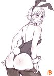  1girl alternate_hair_color animal_ears ass blue_eyes breasts bunny_tail bunnysuit detached_collar fake_animal_ears fake_tail from_behind hairband kachima kingdom_hearts kingdom_hearts_358/2_days leaning_forward leotard looking_back medium_breasts monochrome older pantyhose patreon_logo rabbit_ears sketch smile solo spot_color tail wrist_cuffs xion_(kingdom_hearts) 