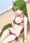  1girl beach bikini blue_eyes braid breasts green_hair highres kantai_collection long_hair lowleg lowleg_bikini mizuki_eiru_(akagi_kurage) mole mole_under_mouth purple_bikini side-tie_bikini single_braid sitting small_breasts solo swimsuit tongue tongue_out water yuugumo_(kantai_collection) 