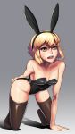  1girl absurdres all_fours animal_costume animal_ears argo_the_rat black_legwear blonde_hair breasts bunny_costume cleavage grey_background groin highres hips medium_breasts open_mouth rabbit_ears short_hair solo sword_art_online thigh-highs thighs whisker_markings yellow_eyes 