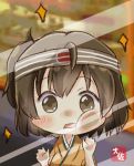  1girl artist_name brown_eyes brown_hair cheek_squash chibi glass hachimaki headband hiryuu_(kantai_collection) japanese_clothes kantai_collection kimono one_side_up open_mouth remodel_(kantai_collection) short_hair short_sleeves solo taisa_(kari) yellow_kimono 