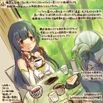  2girls bare_shoulders black_eyes black_hair cafe cake coffee coffee_cup colored_pencil_(medium) commentary_request cup dated detached_sleeves dress food hair_ribbon headband holding holding_cup kamoi_(kantai_collection) kantai_collection kirisawa_juuzou long_hair mizuho_(kantai_collection) multiple_girls numbered red_ribbon ribbon sidelocks sitting smile traditional_media translation_request twitter_username white_hair 