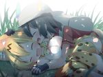  2girls :d ^_^ animal_ears backpack bag blonde_hair blush bow bowtie closed_eyes commentary commentary_request fang gloves grass green_hair hand_holding hand_on_another&#039;s_head hat hat_feather hug interlocked_fingers kaban_(kemono_friends) kemono_friends laughing lying makuran multiple_girls on_ground open_mouth partial_commentary print_legwear serval_(kemono_friends) serval_ears serval_print serval_tail short_hair smile tail thigh-highs |d 