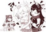  5girls animal_ears artist_request bear_ears blush brown_bear_(kemono_friends) covering_another&#039;s_eyes eurasian_eagle_owl_(kemono_friends) fur_collar gloves hand_holding hands_over_eyes head_wings interlocked_fingers kemono_friends lion_(kemono_friends) long_sleeves monochrome moose_(kemono_friends) multiple_girls northern_white-faced_owl_(kemono_friends) short_hair skirt translation_request yuri 