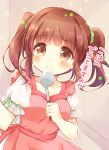  1girl apron blush brown_eyes brown_hair collarbone eyebrows_visible_through_hair green_ribbon idolmaster idolmaster_cinderella_girls ladle looking_at_viewer ogata_chieri pink_apron puffy_short_sleeves puffy_sleeves ribbon ringo_(nanaprin) short_hair short_sleeves smile solo text translation_request twintails 