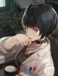  1girl black_hair burari cactus choker coffee_mug commentary_request computer_keyboard fingernails jewelry labcoat looking_at_viewer nail_polish necklace pen persona persona_5 phone red_eyes red_nails solo takemi_tae 