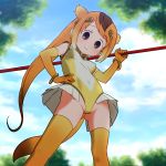  1girl animal_ears blonde_hair circlet dutch_angle elbow_gloves gloves golden_snub-nosed_monkey_(kemono_friends) hand_on_hip high_ponytail highres holding holding_staff kemono_friends leotard long_hair monkey_ears monkey_tail multicolored_hair orange_hair ponytail sat-c skirt solo staff tail thigh-highs 