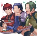  ! ... 3boys ? armor black_hair blue_hair closed_eyes eating fingerless_gloves fire_emblem fire_emblem_echoes:_mou_hitori_no_eiyuuou force_(fire_emblem) gloves green_hair lukas_(fire_emblem) male_focus multicolored_hair multiple_boys open_mouth paison redhead simple_background teeth two-tone_hair uguisu_(ryu) upper_body white_background 