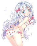  ass blue_eyes blush bow bra eromanga_sensei eyebrows_visible_through_hair hair_bow highres izumi_sagiri long_hair looking_at_viewer looking_back open_mouth panties pingo pink_bow pink_ribbon ribbon silver_hair sparkle strawberry_bra strawberry_panties strawberry_print teeth underwear white_bra white_panties 