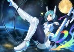  1girl blue_eyes blue_hair bodysuit cable commentary_request earth floating moon mzkui_232 original pixiv-tan robot_ears solo space space_pixiv-tan spacesuit stylus 